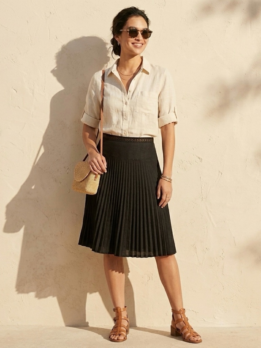 Ann Taylor Black Accordion Pleated Midi Skirt Crochet Trim Waistband Women’s 10